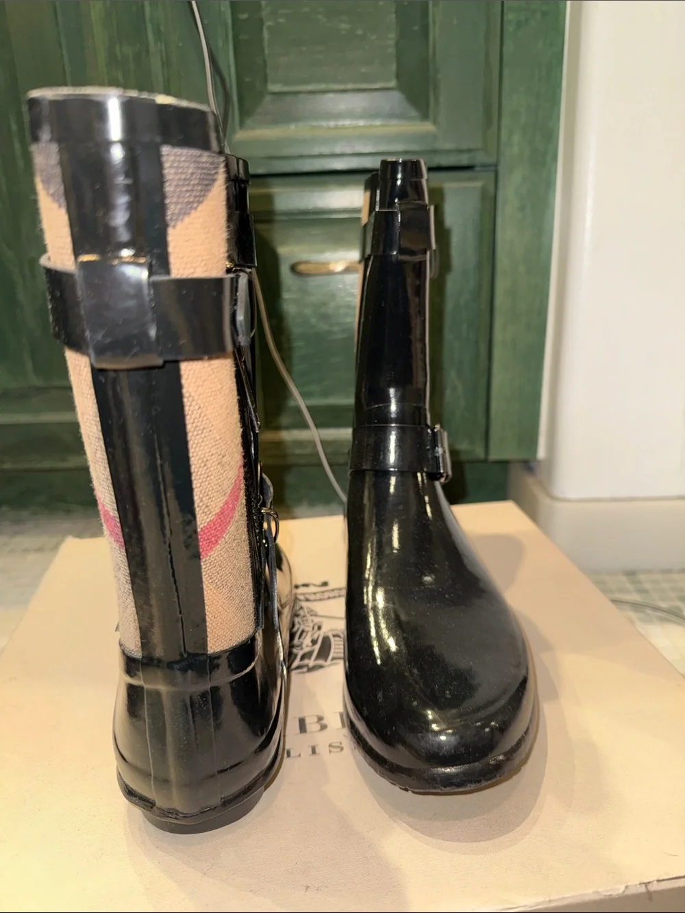 Burberry Black & Tan Patent Check Rain Boots with Buckles